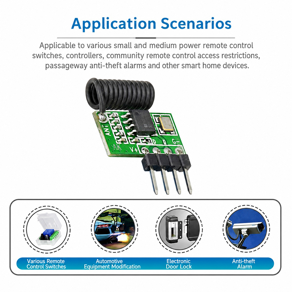 Arduino Kit - 315MHz/433MHz ซูเปอร์เฮเทอโรไดน์โมดูลรับสัญญาณ RF 3.3V-5.5V โมดูลรีโมทพร้อมเสาอากาศรีโมทคอนโทรลสำหรับอาร์ดูโน่